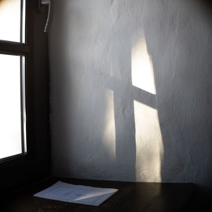 Soft daylight casts a window frame shadow on a textured wall with a paper on the table.